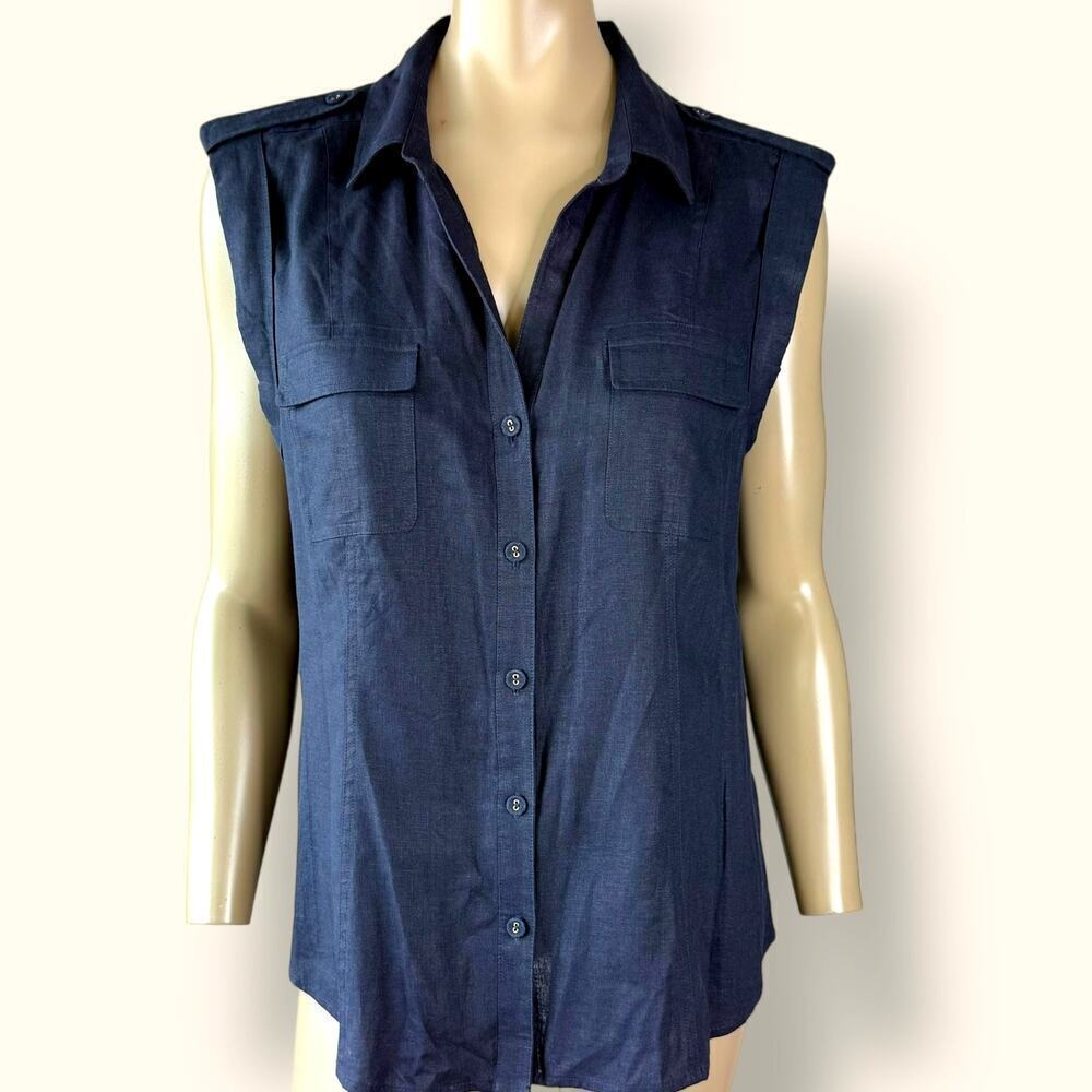Chaus Linen Blend Cap Roll Sleeve Button Up Top Shirt Pockets Size 16 Dark Navy